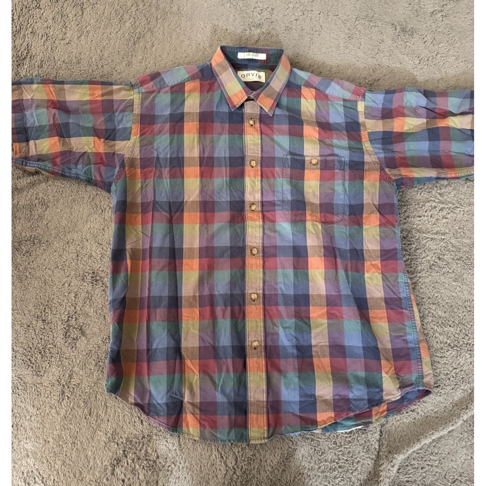 Orvis Shirt Mens L Plaid Blue Orange Red 100% Cotton Button Front Short Sleeve